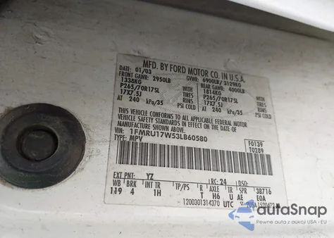 2003 Ford Expedition Eddie Bauer from USA, damaged, VIN 1FMRU17W53LB60580